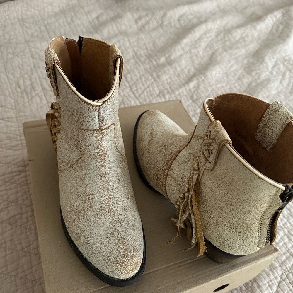 Cream Ankle Boots with Fringe Detail